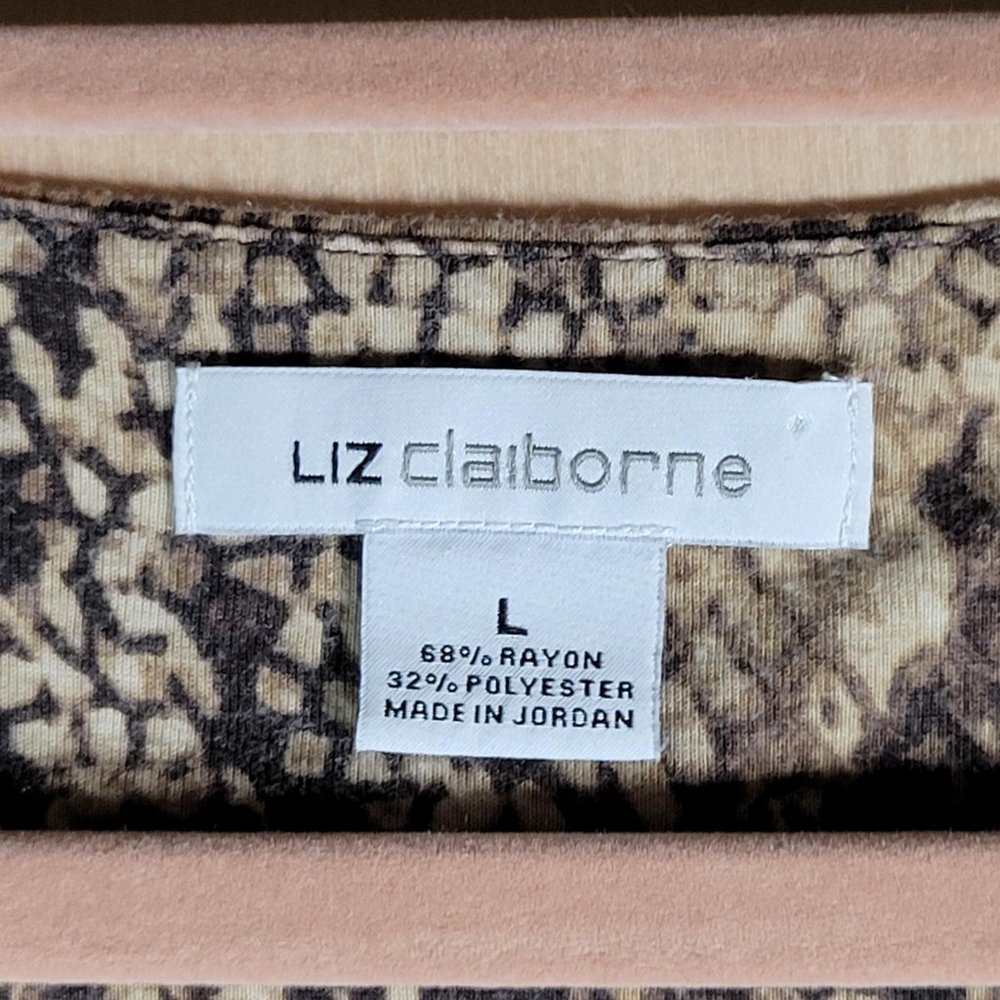 LIZ CLAIBORNE Brown Snake Animal Print V Neck Shirt Women Size L - Picture 3 of 9